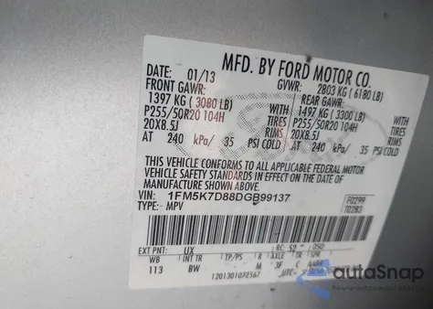 2013 Ford Explorer Xlt z USA, uszkodzony, nr VIN 1FM5K7D88DGB99137